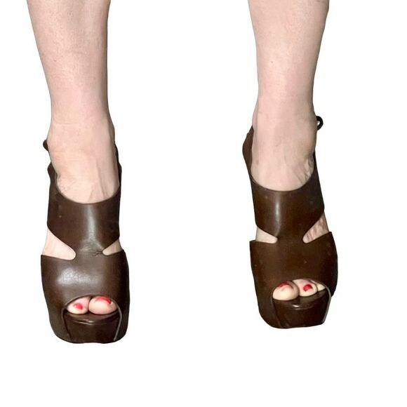 Marni Brown Leather Cutout Slingback Platform Wedge Wood 5” Heel 40 8.5 - Picture 2 of 16